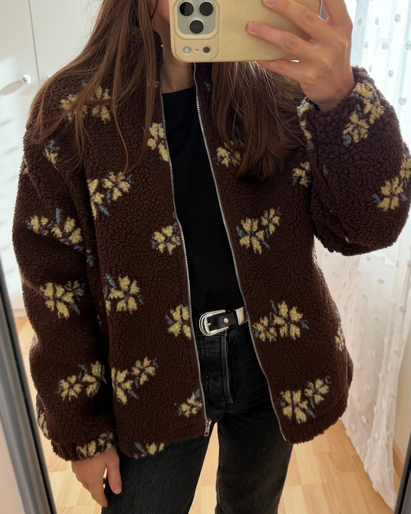 Veste polaire à fleurs chocolat