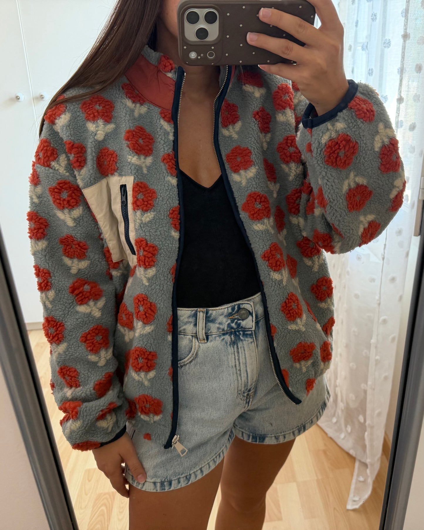 Veste polaire à fleurs rouille